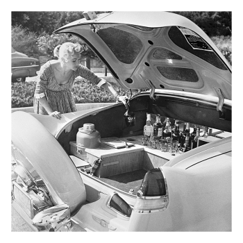 Holy Mackerel mobile cocktail cabinet retro black and white photographic card featuring a vintage image of drinks in a car boot - 15cm square and blank inside