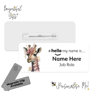 Name Badge - Cute Pink Floral Animals Hello My Name is... - Giraffe