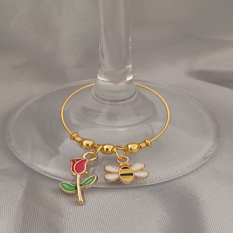 Set of 5 Wine Glass Charms with Roses and Bees