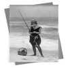 Woman fishing on the beach - vintage black and white themed card - 12.6 x 17.7cm and blank inside - made in the UK