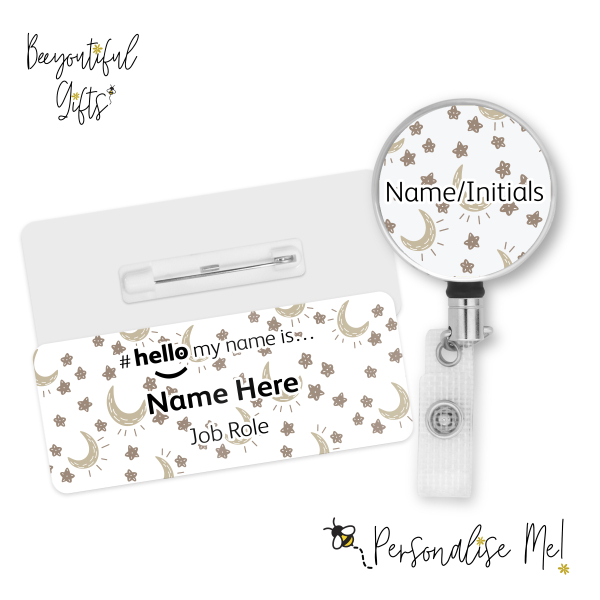 #hello my name is... Name Badge & Metal ID Reel - Boho Baby Moon & Stars