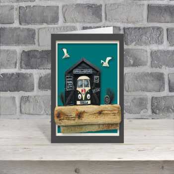 Camper repairs - seaside themed garage blank card - designed by Seth Draper - 15cm square and blank inside, made in the UK