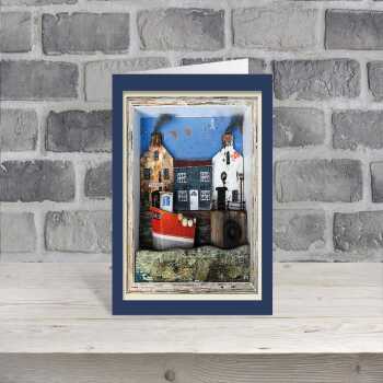 Safe harbour - quayside themed blank card - designed by Seth Draper - 15cm square and blank inside, made in the UK