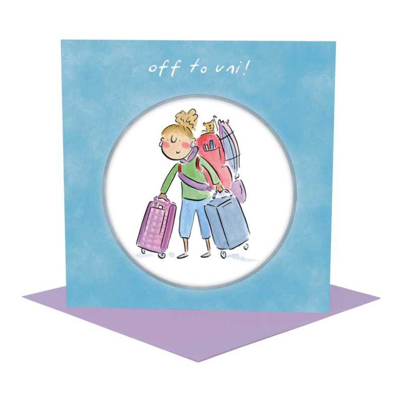 Female Off to Uni card for her - designed by Rosie Brooks - 15cm square and blank inside, made in the UK
