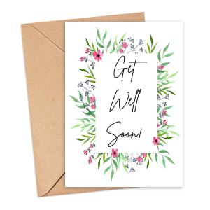 Get Well Soon Card - Get Well Soon Rectangular Floral Frame - Small (Approx. A6 | 105mm x 148mm | 4.1in x 5.8in) - Luxury Linen Textured Card