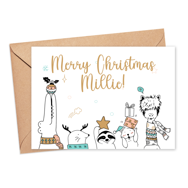 Christmas Card - Personalised Hand Drawn Zoo Animals - Small (A6)