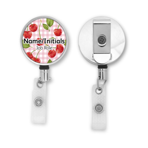 Personalised Metal ID Reel - Cherries on Pink Gingham