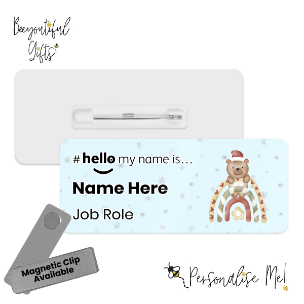 Name Badge - Boho Christmas Character Rainbow #hello my name is... - Brown Bear