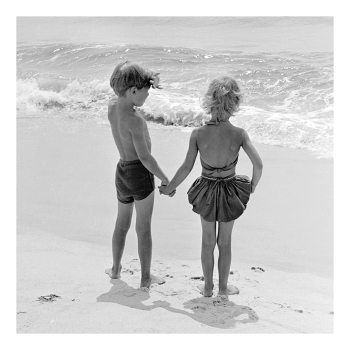 Holy Mackerel paddling together retro black and white photographic card featuring a vintage image of children holding hands at the seaside - 15cm square and blank inside
