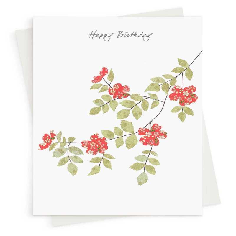 Feminine floral dog rose birthday card -  designed by Eloise Hall - 15.7 x 11cm and blank inside, made in the UK
