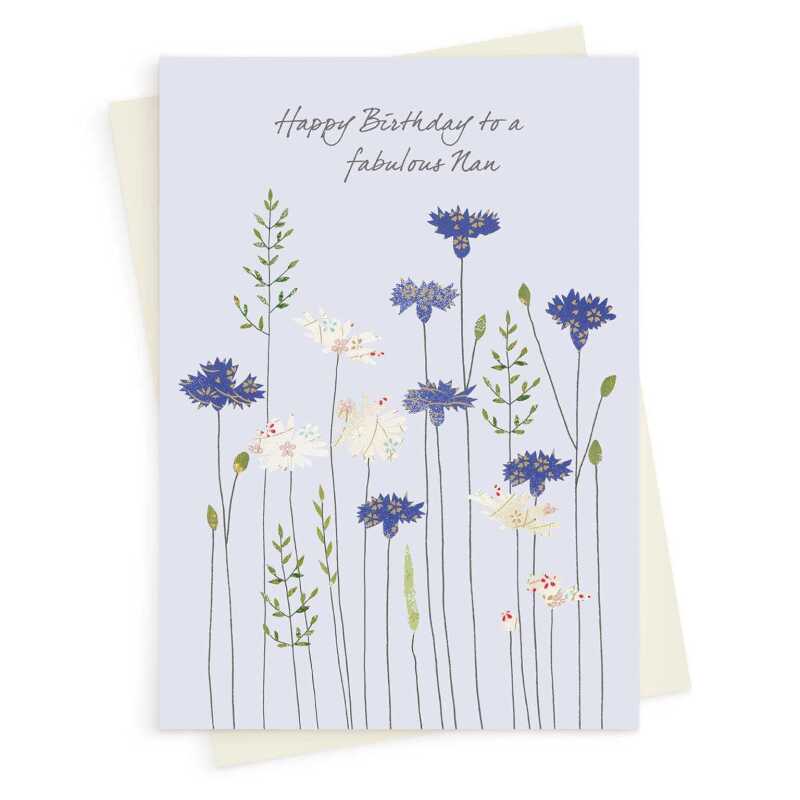 Cornflowers and daisies nan birthday card -  designed by Eloise Hall for Holy Mackerel - 15.7 x 11cm and blank inside, made in the UK
