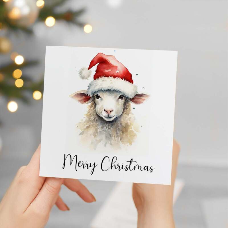 Fun Christmas Card of a Sheep Wearing A Santa Hat Whimsical Watercolour Christmas Card For Animal Lover For Him or Her - Square (5.5x5.5) / Blank Inside