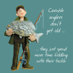 Cornish Anglers Birthday Greetings Card, Designed by Erica Sturla for Holy Mackerel. Card is 150mm Square and Blank Inside.