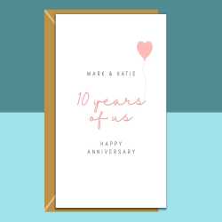 10 Year Anniversary Card - Customised Names - Personalised Inside if Required - For Husband, Wife, Boyfriend, Girlfriend, Fiance - Romantic