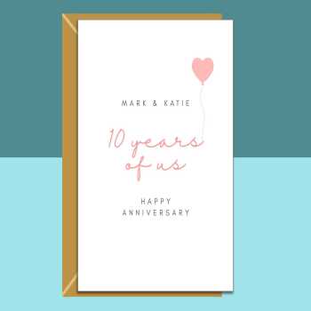 10 Year Anniversary Card - Customised Names - Personalised Inside if Required - For Husband, Wife, Boyfriend, Girlfriend, Fiance - Romantic