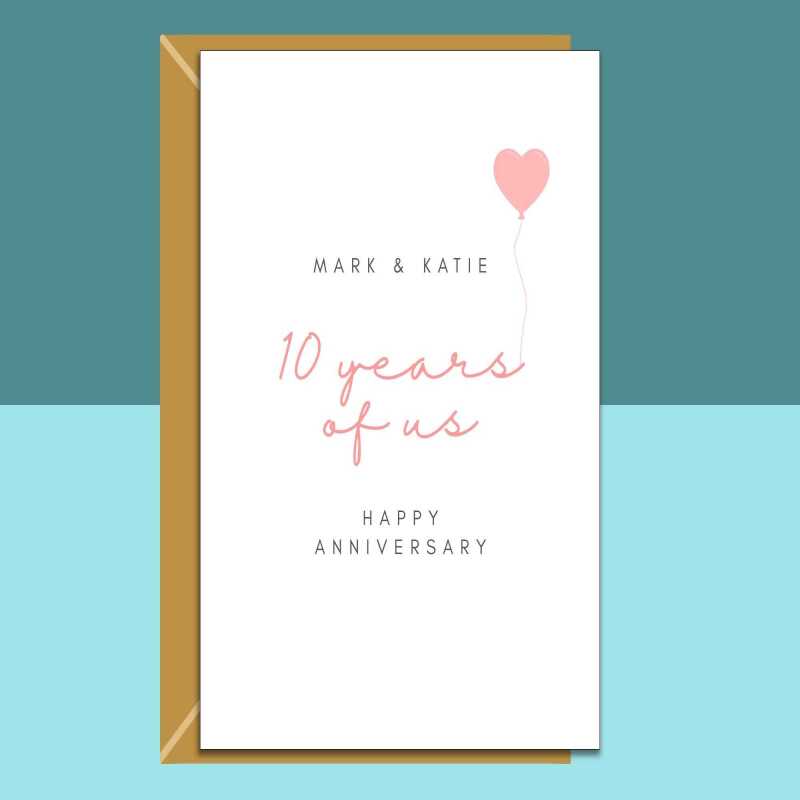 10 Year Anniversary Card - Customised Names - Personalised Inside if Required - For Husband, Wife, Boyfriend, Girlfriend, Fiance - Romantic - Blank inside - Regular - Matte