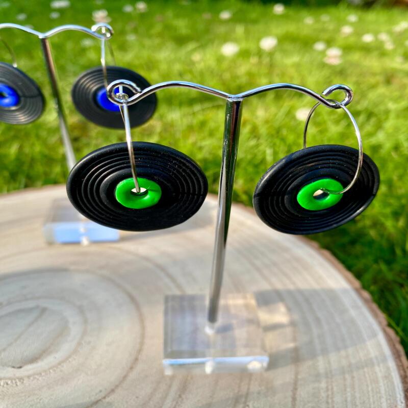 Rockabilly Record Earrings: 50s Style Vinyl Clay Earrings - silver - blue