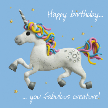 Holy Mackerel Fabulous Creature unicorn themed birthday greetings card designed by Erica Sturla Card is 15cm square and blank inside for your own message