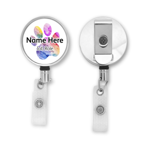 Personalised Metal ID Reel - Rainbow Watercolour Paw Print