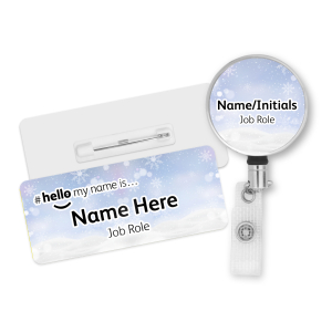 Name Badge & Metal ID Reel - Falling Snowflakes Hello My Name is...
