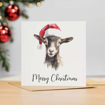 Fun Christmas Card of a Goat Wearing A Santa Hat Whimsical Watercolour Christmas Card For Animal Lover For Him or Her