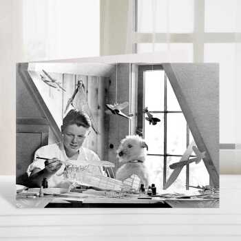 Teamwork, vintage photographic black and white card featuring a young lad and his dog - 12.6 x 17.7cm and blank inside - made in the UK