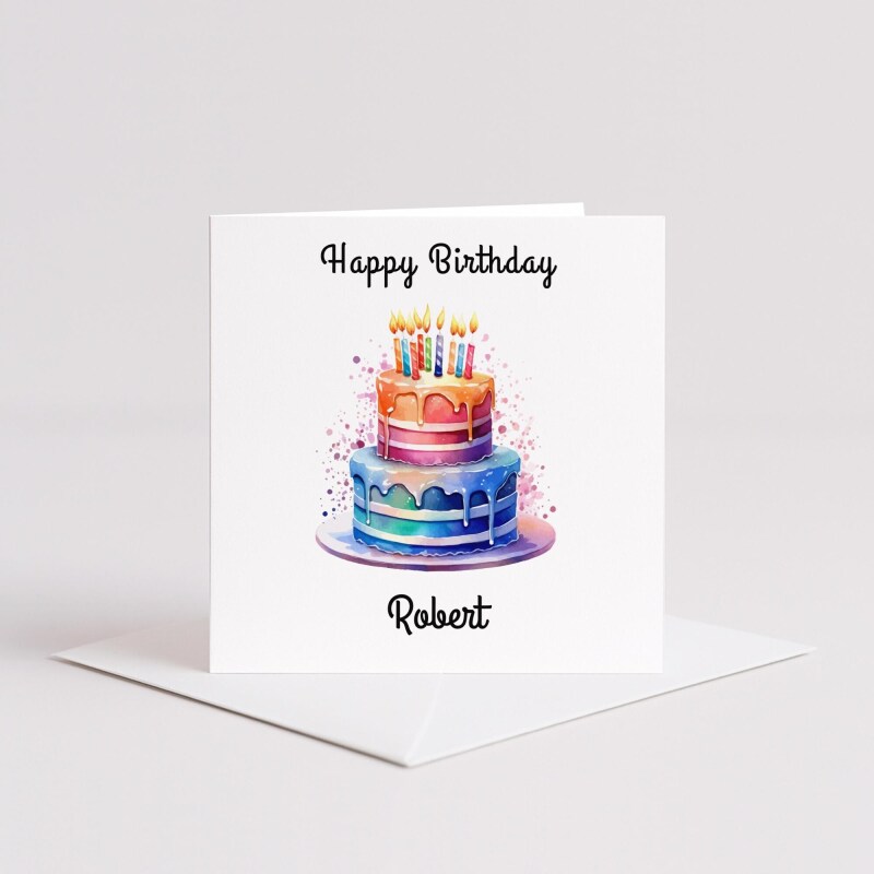 Personalised birthday card custom with vibrant two-tiered cake, colourful icing, lit candles, watercolour - Smooth No Message - Kraft Brown