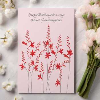 Crocosmia flowers granddaughter birthday card -  designed by Eloise Hall for Holy Mackerel - 15.7 x 11cm and blank inside, made in the UK