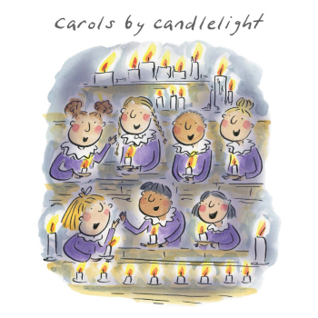 Carols by candlelight, a 150mm square festive Christmas greetings card featuring Rosie Brooks artwork, message inside reads Merry Christmas