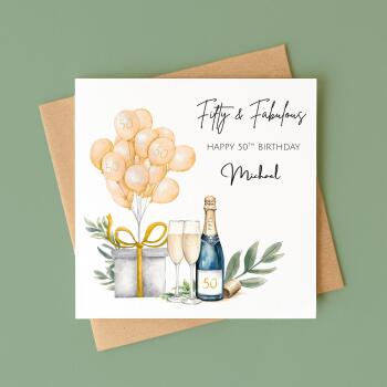 Personalised 50th birthday card champagne balloons gift box handmade milestone for him or her