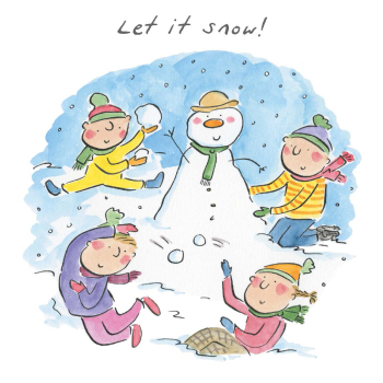 Let it snow, a 150mm square festive Christmas greetings card featuring Rosie Brooks artwork, message inside reads Merry Christmas