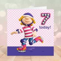 Birthday girl age 7 on rollerblades - child's age birthday - designed by Erica Sturla - 15cm square and blank inside, made in the UK