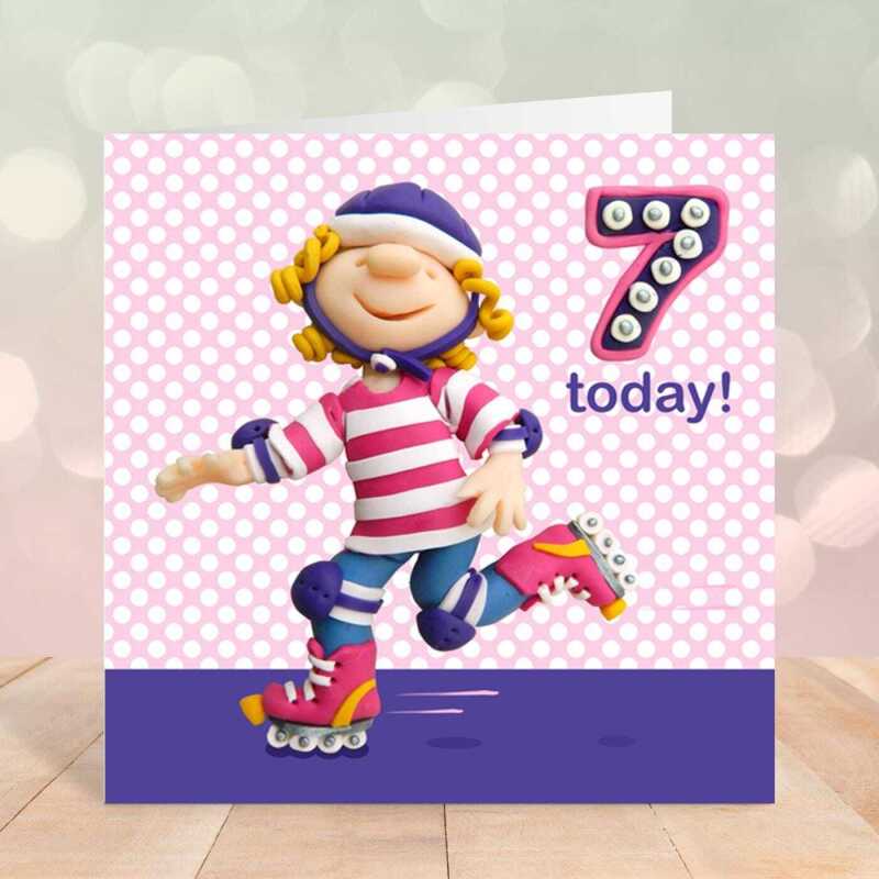 Birthday girl age 7 on rollerblades - child's age birthday - designed by Erica Sturla - 15cm square and blank inside, made in the UK