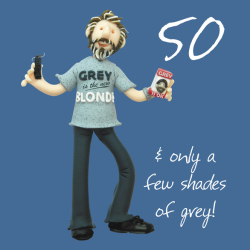 Holy Mackerel grey shades male 50th birthday card for him - designed by artist Erica Sturla - 15cm square and blank inside for your message - made in the UK
