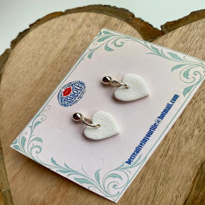 Handmade White Heart Drop Earrings, Polymer Clay, Silver Tone Studs