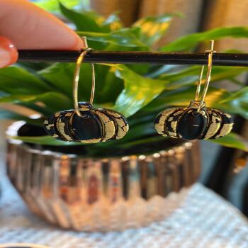 Gold Leaf Pumpkin Earrings, Black Polymer Clay Hoop Earrings