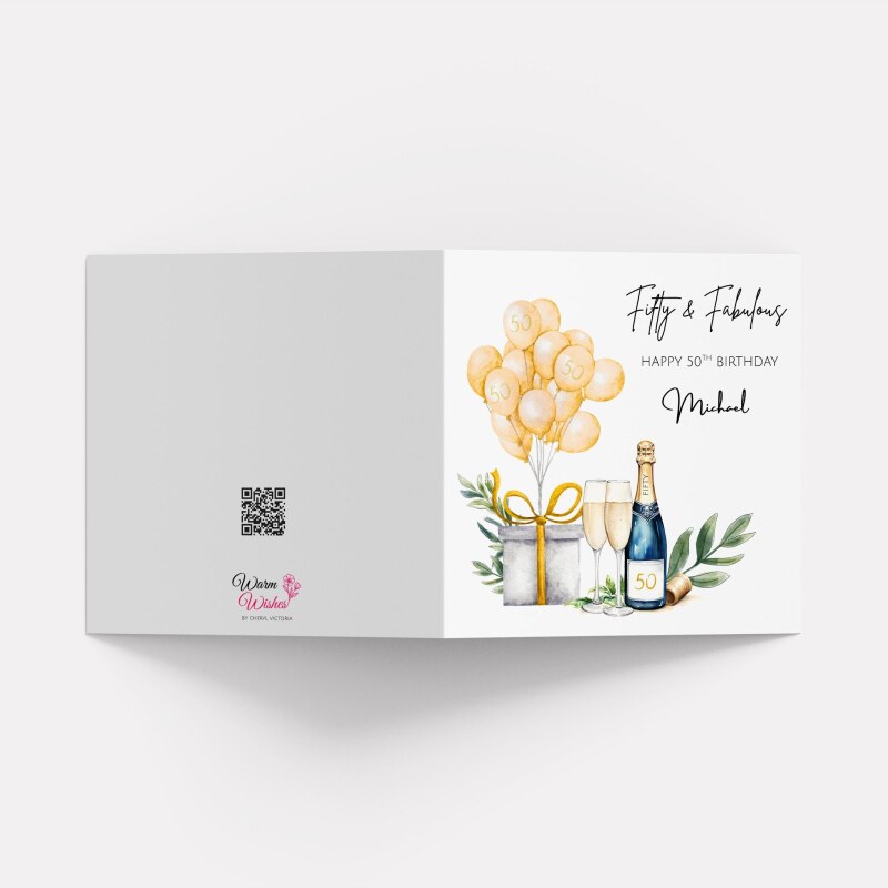 Personalised 50th birthday card champagne balloons gift box handmade milestone for him or her - Smooth No Message - Kraft Brown