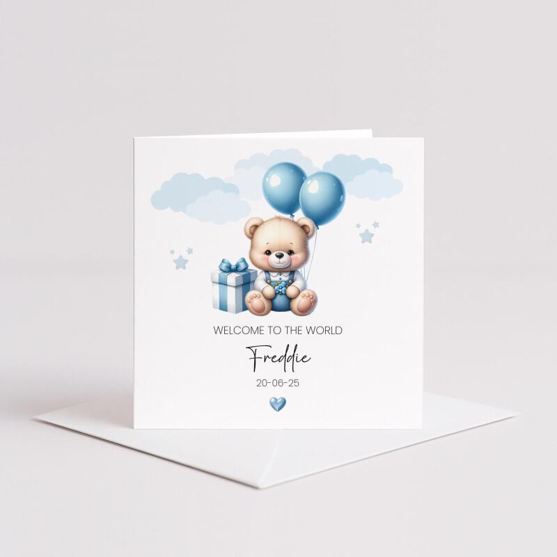 Personalised New born Baby Boy Card Teddy Bear Birth Announcement &ndash; Blue Balloons Keepsake - Smooth No Message - Kraft Brown