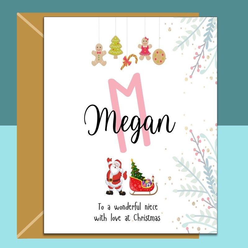 Niece Christmas Card Personalised - For Her - Niece Customised Card this Xmas - Name Card - Santa - Blank inside - Regular - Matte