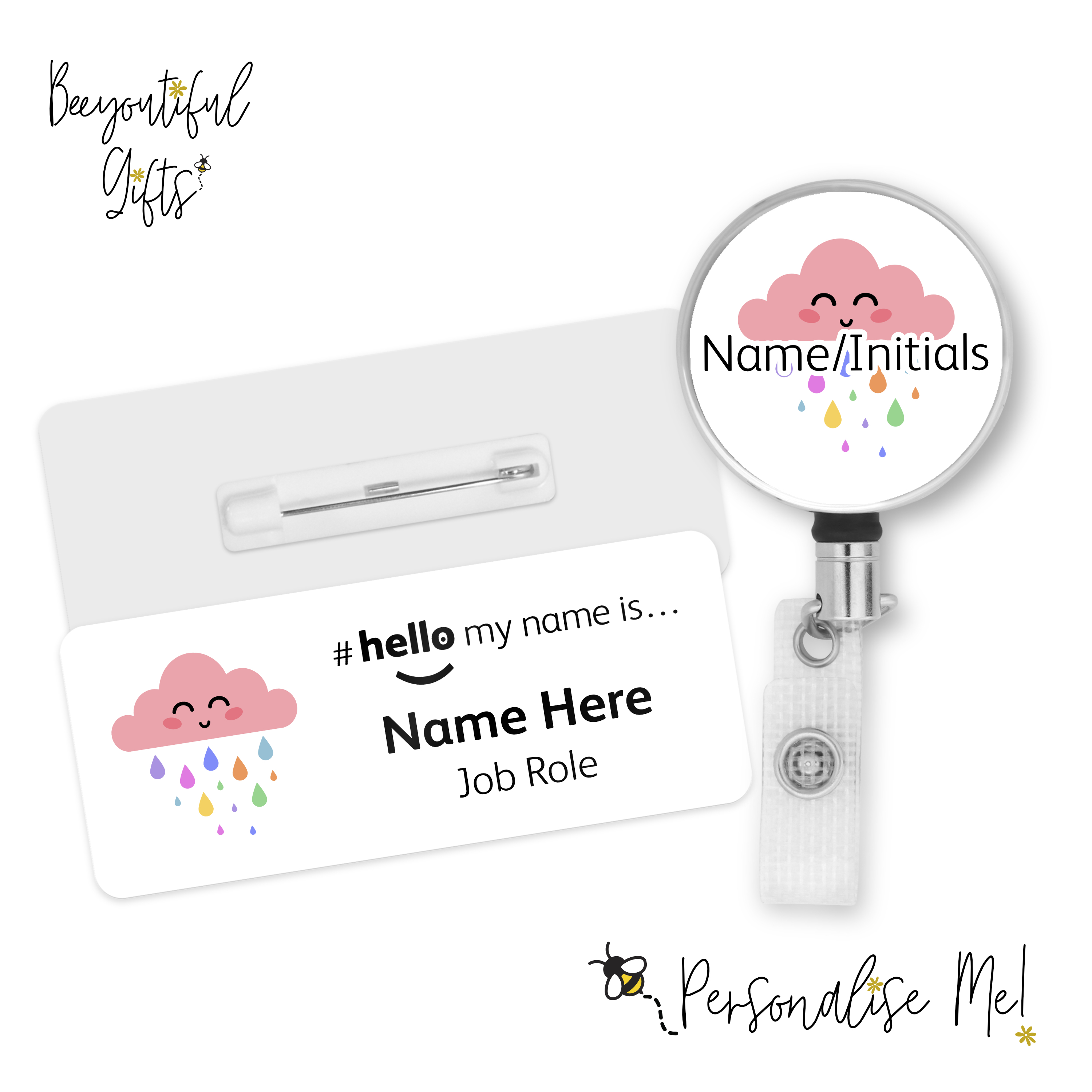Name Badge & Metal ID Reel - Cute Pink Rain Cloud Hello My Name i