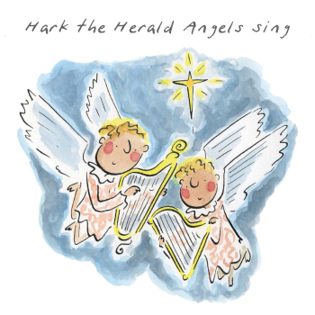 Herald Angels, a 150mm square festive Christmas greetings card featuring Rosie Brooks artwork, message inside reads Merry Christmas