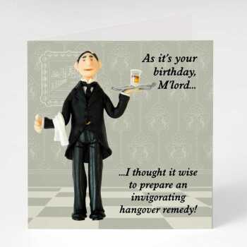 Hangover remedy - butler themed birthday card - designed by Erica Sturla - 15cm square and blank inside, made in the UK