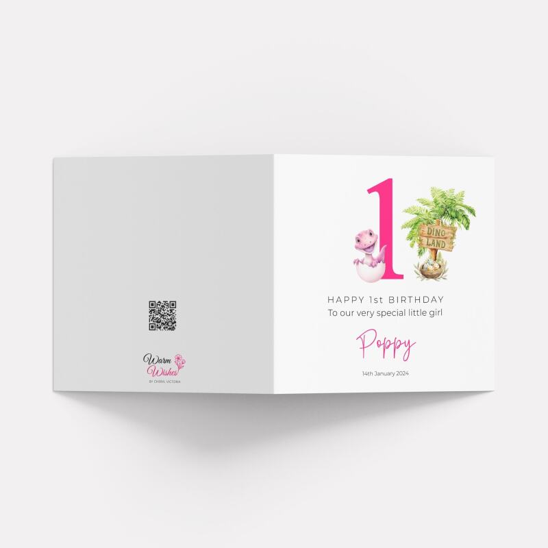 Personalised 1st birthday, 2nd or 3rd Baby Dinosaur Card Customised Handmade for Girls - Smooth No Message - Kraft Brown