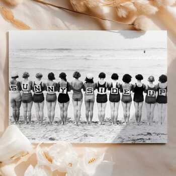 Sunny side up - retro vintage black and white themed card featuring ladies on a beach - 12.6 x 17.7cm and blank inside - made in the UK