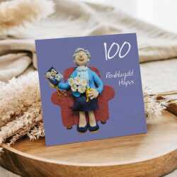 Penblwydd hapus, female Welsh 100th birthday card for her - designed by Erica Sturla - 15cm square and blank inside, made in the UK
