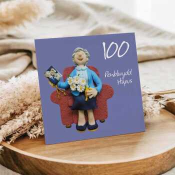 Penblwydd hapus, female Welsh 100th birthday card for her - designed by Erica Sturla - 15cm square and blank inside, made in the UK