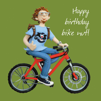 Holy Mackerel bike nut male birthday card for a cyclist - designed by artist Erica Sturla - 15cm square and blank inside for your message - made in the UK