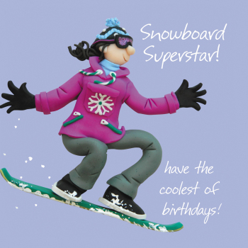 Holy Mackerel snowboard superstar female birthday card for her - designed by artist Erica Sturla - 15cm square and blank inside for your message - made in the UK
