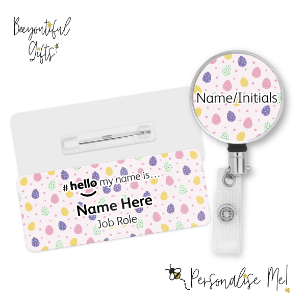 #hello my name is... Name Badge & Metal ID Reel - Pastel Easter Eggs