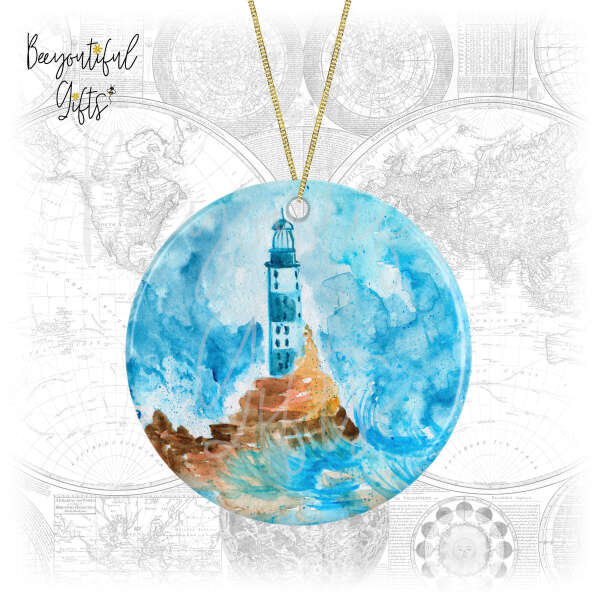 Travel Ceramic Decoration - Watercolour Lighthouse with Crashing Waves